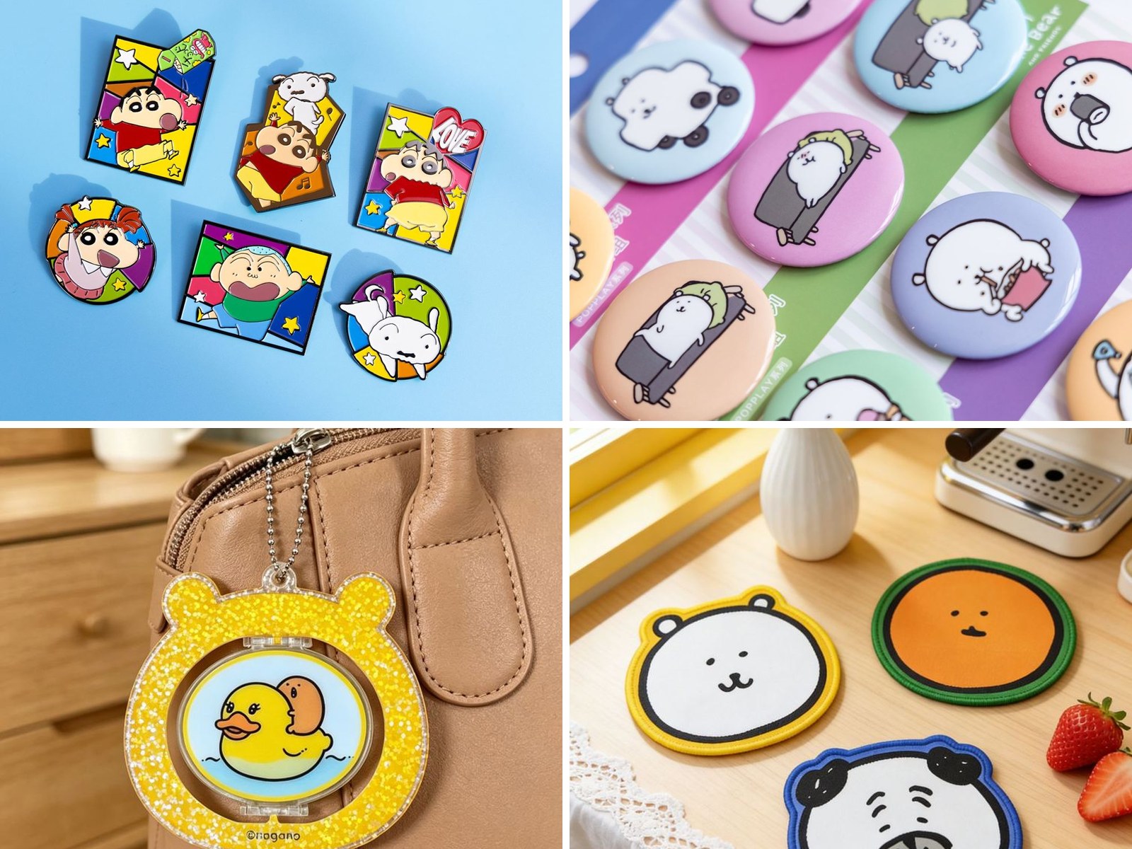POPPLAY merch: Crayon Shin-chan enamel pins, Joke Bear button pins, acrylic charm and coasters